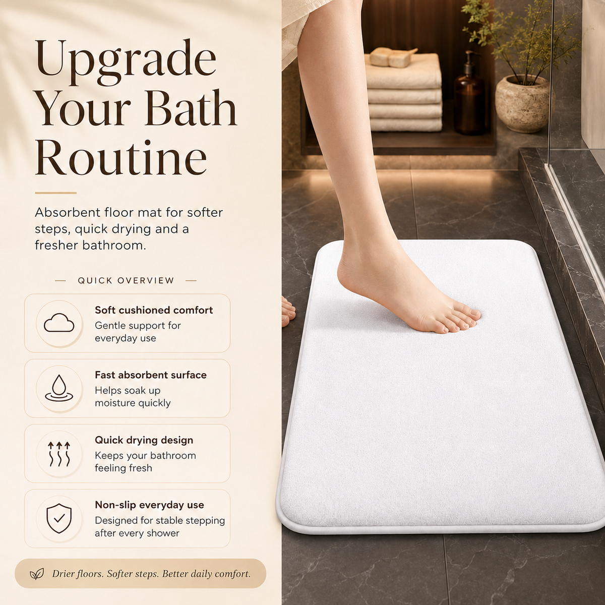 Anti-Slip Bath Mat | Super Absorbent Quick-Dry Bathroom Mat for Wet Floors